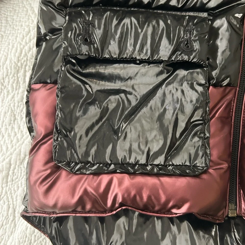 Cozy Coop Metallic Piping Jacket in Black/Ruby. Shiny black puffer size 7 Great!